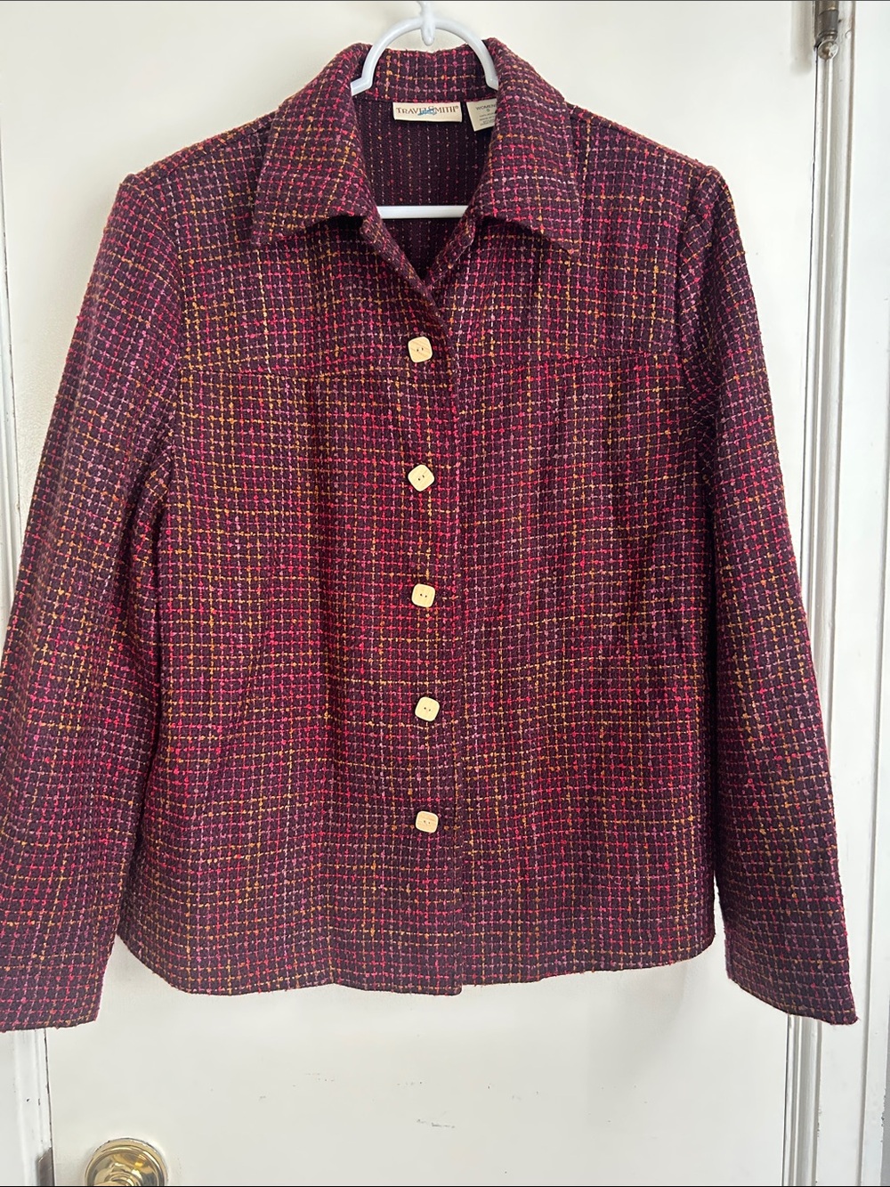 TravelSmith Burgundy Tweed Button Jacket with Gold Buttons